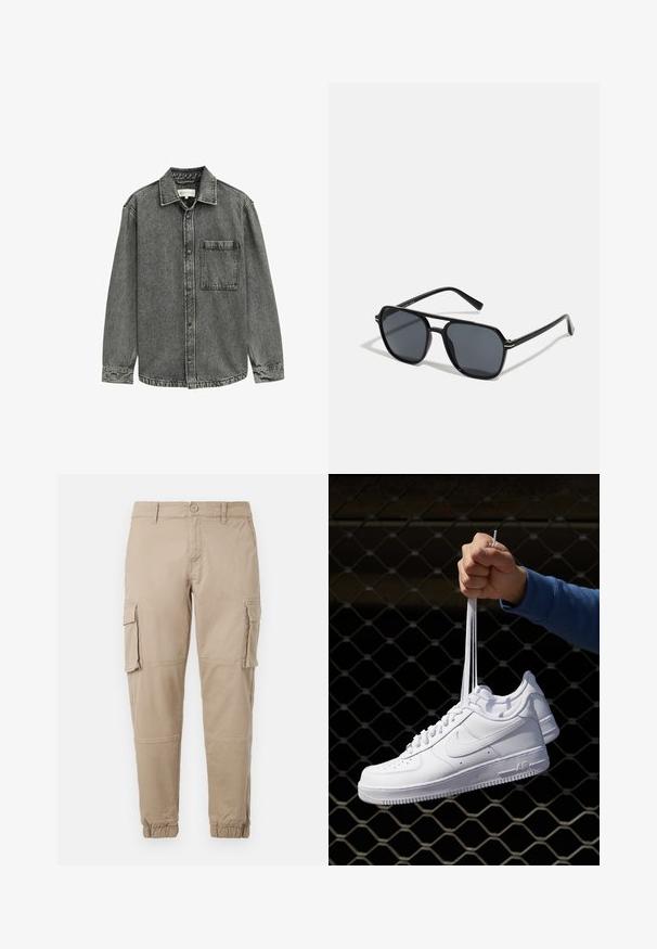 Camicia in denim grigio con colletto a punta, chiusura con bottoni e una tasca sul petto. Presenta una texture sbiadita e dettagli cuciti lungo le cuciture.; T-shirt bianco in cotone con scollo rotondo, maniche corte e vestibilità comoda. L'etichetta reca la scritta "URBAN CLASSICS". Texture liscia, senza motivi né dettagli.; Pantaloni cargo beige in un leggero cotone. Presentano polsini elasticizzati, molteplici tasche laterali e una chiusura con bottone.; Sneakers in pelle bianca con perforazioni, punta rotonda, suola piatta e lacci spessi, con logo swoosh visibile e "AIR" sul tallone.; Occhiali da sole neri con montatura ottagonale, lenti scure, finitura lucida, aste sottili e dettagli dorati sul davanti.