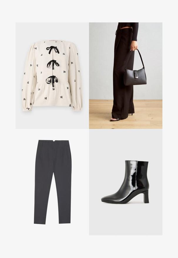 Krēmus blūze ar melniem mezglveida rakstiem, apaļu kakla izgriezumu, priekšējiem saitēm un savilktām piedurknēm. Izgatavota no teksturēta auduma, ar pepluma formu.; Tumši pelēki iešūti bikses ar sānu kabatām un priekšējiem piegriezumiem, kas izstrādātas pieguļošai piegriezuma formai.; Melnas patentētas ādas potīšu zābaki ar norādītu pirkstu un vidēja augstuma kvadrātveida papēdi. Gluda tekstūra un minimālisma dizains.; Melnā somiņa ar strukturētu formu, gludu tekstūru un metālu sprādzi. Saskaņota ar platām melnām biksēm un sandālēm ar atvērtu purngalu uz koka grīdas.