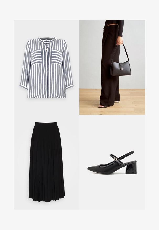 Chemise en lin avec des rayures verticales bleu et blanc, dotée d'un col arrondi, de manches trois-quarts et de deux poches avant.; Jupe plissée noire avec une taille haute et extensible. Fabriquée en tissu doux, elle présente des plis verticaux pour une silhouette fluide.; Escarpins slingback en cuir verni noir avec un embout pointu, un design à découpes arrondies et un talon carré. Présente un accent de boucle en ton doré.; Sac à main noir à la forme structurée, texture lisse et fermoir métallique. Associé à un pantalon noir ample et des sandales ouvertes sur un sol en bois.