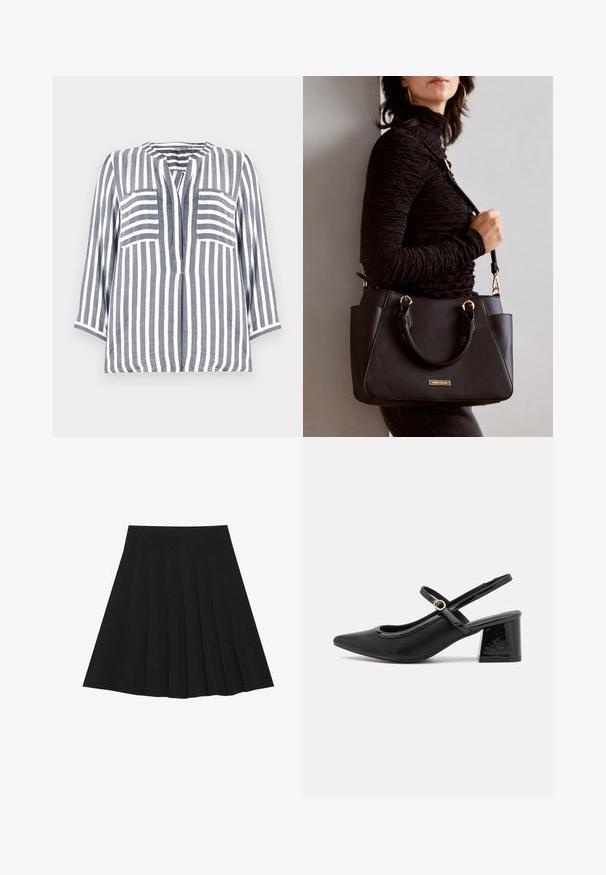 Linstopp med blå og hvite vertikale striper, med rund halsutringning, trekvart ermer og to fremre lommer.; Svart plisserte skjørt laget av teksturert stoff med en tettsittende linning. Går til knelengde, med en glatt, ren silhuett.; Sorte lakk lær slingback hæler med spiss tå, et avrundet utskjæringsdesign og blokkheel. Har en gulltone spenne som detalj.; Svart håndveske med teksturert overflate, doble topphåndtak og justerbar skulderrem. Har detaljer i gulltone og sidelommer.