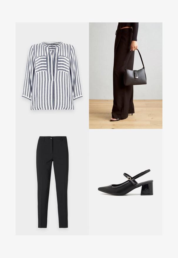 Leinenhemd mit blauen und weißen vertikalen Streifen, mit einem abgerundeten Halsauschnitt, Dreiviertelärmeln und zwei vorderen Taschen.; Schwarz enganliegende Hosen aus glattem Material, mit einem klassischen Bund, Reißverschluss vorne und seitlichen Taschen in einem eleganten, maßgeschneiderten Design.; Schwarze Lackleder-Slingback-Absätze mit spitzer Zehenform, einem runden Ausschnitt-Design und einem Blockabsatz. Mit einem goldfarbenen Schnallenakzent.; Schwarze Handtasche mit strukturierter Form, glatter Textur und einem metallischen Verschluss. Kombiniert mit weiten schwarzen Hosen und offenen Sandalen auf einem Holzboden.