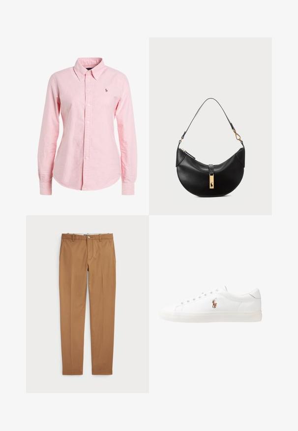 Polo Ralph Lauren HARPER CUSTOM FIT - Camicia - pink; Pantaloni in cotone marrone con un design slim-fit, frontale piatto e tasche standard; texture liscia e orli rifiniti.; Sneakers in pelle bianca, design low-top, caratterizzati da una texture liscia, punta rotonda, chiusura con lacci e un piccolo logo ricamato sul lato.; Borsa a tracolla nera in pelle a forma di mezzaluna. Presenta un accento in metallo dorato e una tracolla sottile. Tessuto liscio, chiusura a cerniera nella parte superiore.