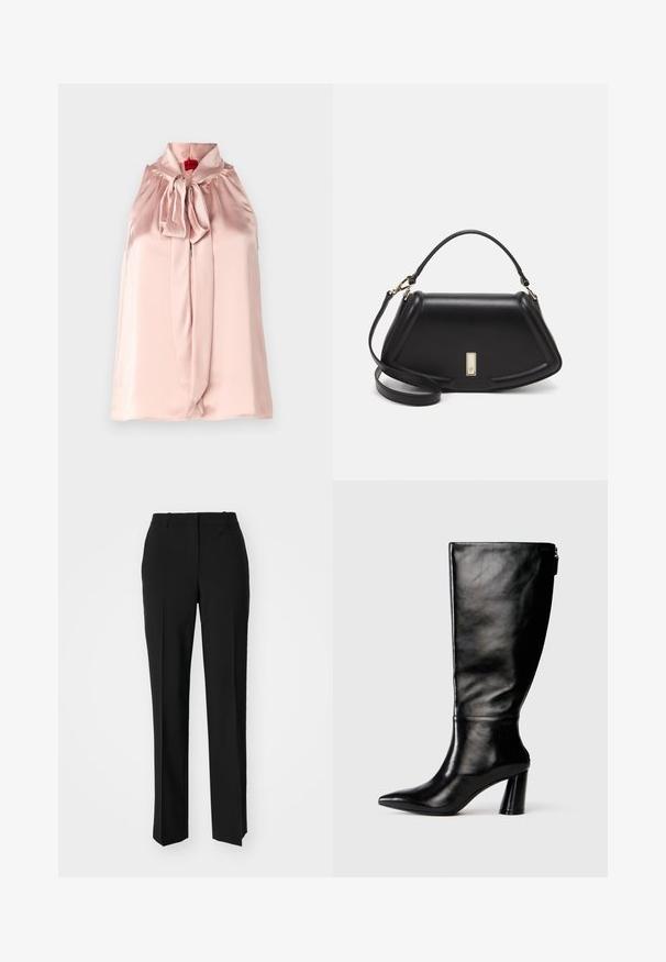 Satynowa bezrękawnik w delikatnym różu, z wysokim dekoltem, marszczonym materiałem i kokardą z przodu. Gładka tekstura z płynącą sylwetką.; Czarne spodnie o dopasowanym kroju z prostymi nogawkami, o gładkiej fakturze i wyraźnych zagięciach z przodu. Bez widocznych elementów metalowych.; Czarny skórzany but do kolan z ostro zakończonym noskiem, gładką fakturą i grubym obcasem. Posiada zamek z tyłu.; Czarna skórzana torebka o strukturalnym designie, z przyciętą formą, górnym uchwytem i złotymi akcentami. W zestawie regulowany pasek na ramię.