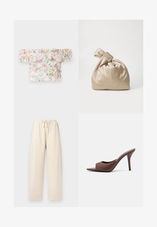 Kleita bez plecu ar ziedu rakstu, kas izgatavota no maiga, viegla auduma ar viļņu detaļām maigos rozā, zaļos un zilos toņos.; Brūna ribota bezpiedurkņu krekla ar apaļu izgriezumu un dimanta formu izgriezumu ar sudraba detaļu.; Krēmkrāsas sporta bikses, izgatavotas no mīksta auduma, ar auklu jostu, brīvu piegriezumu un sānu kabatām.; Brūni ādas atvērtas pirksta augstpapēžu čības ar elegantu dizainu, kas iezīmējas ar plašu priekšējo siksniņu un slaidu stiletto papēdi.; Beige satīna soma ar mezglošanas augšpusi, ar mīkstu, gludu tekstūru un apaļu formu, kas izstrādāta, lai būtu vienkārša un eleganta.