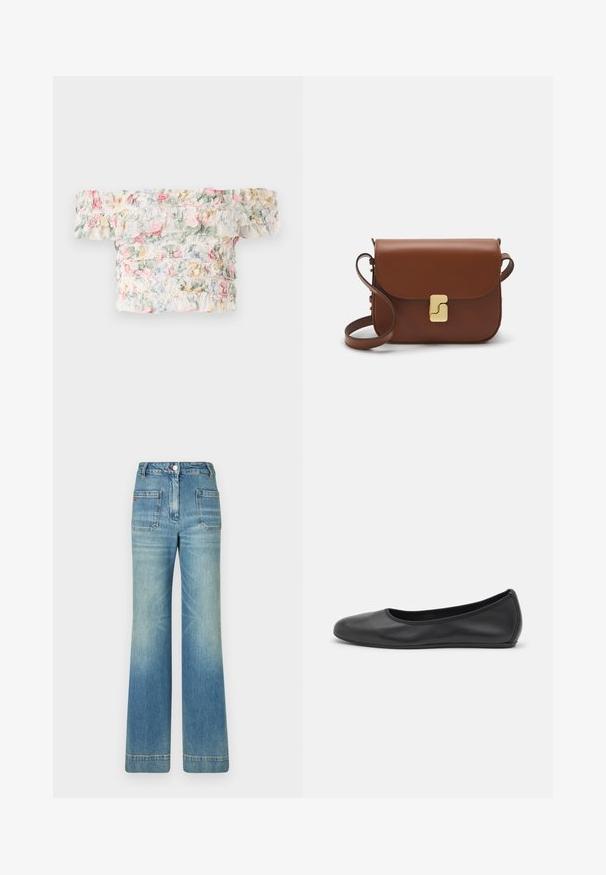 Top floreale scollato con un tessuto morbido e leggero, caratterizzato da dettagli arricciati nei toni pastello di rosa, verde e blu.; Jeans a zampa d'elefante in denim azzurro chiaro con cinque tasche, passanti per cintura, chiusura con bottone e una trama leggermente sbiadita, caratterizzati da un dettaglio con logo rosso sul retro.; Pantofole da balletto nere in pelle con punta arrotondata, texture liscia, dettagli di cucitura minimi e design con suola flessibile.; Borsa a tracolla in pelle marrone con chiusura a pattina, hardware color oro, tracolla e una finitura liscia. Forma rettangolare compatta.