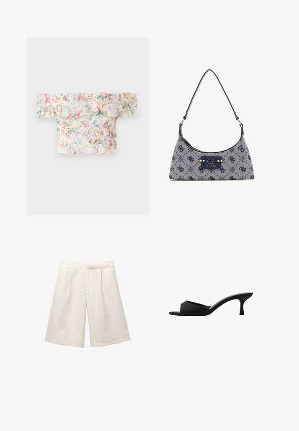 Kvetinový top s odhalenými ramenami, vyrobený z mäkkého, ľahkého materiálu s volánovými detailmi v pastelových odtieňoch ružovej, zelenej a modrej.; Béžové ľanové šortky so širokými nohavicami, s prednými záhybmi a hladkým pásom. Tkanina má jemne textúrovaný povrch.; Čierne podpätkové mule s širokým, otvoreným prstom a zakriveným zvrškom. Vyrobené z textilného materiálu, s úzkym podpätkom a hladkou podrážkou.; Taška v štýle hobo v námorníckej modrej látke s diamantovým vzorom, s logovou plaketou a hladkým popruhom na rameno. Textúrovaný povrch.