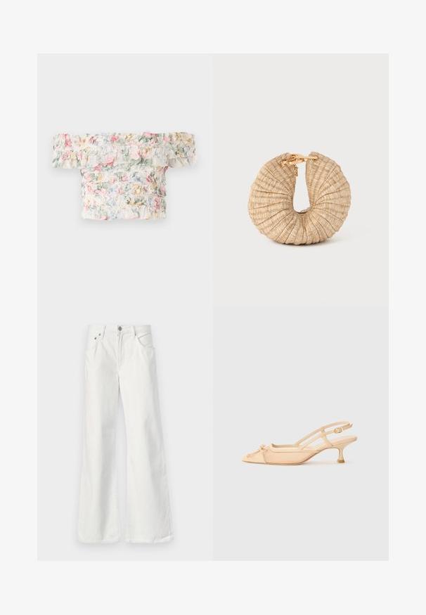 Off-the-shoulder floral top featuring a soft, lightweight fabric with ruffled detailing in pastel pink, green, and blue hues.; White denim flared jeans with a high waist, five-pocket design, and visible stitching. Features metal button and zipper closure.; Stuart Weitzman KITTY - Classic heels - beige/barely beige; Cult Gaia UBAH - Clutch - wheat