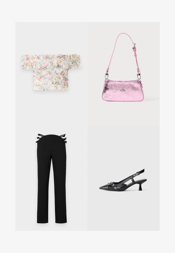 Schulterfreies Blumenoberteil aus weichem, leichtem Material mit Rüschendetails in sanften Rosa-, Grün- und Blautönen.; Schwarze Hosen mit geradem Bein, ausgestattet mit einem Bund mit schwarzen satin Akzenten auf der Rückseite. Glattes Gewebe ohne sichtbare Muster.; Schwarzer Leder-Slingback-Schuh mit spitz zulaufender Zehenpartie, dekorativen Riemen mit METALLÖSEN und niedrigem Blockabsatz. Strukturelle Oberfläche.; Pink metallic Handtasche mit geknitterter Textur, verstellbarem Riemen und silberner Hardware. Verfügt über ein kleines Emblem auf der Vorderseite.