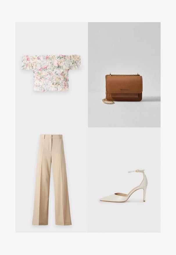 Kleita bez plecu ar ziedu rakstu, kas izgatavota no maiga, viegla auduma ar viļņu detaļām maigos rozā, zaļos un zilos toņos.; Bēža platā kāju bikses, izgatavotas no gludas auduma, ar plakanu priekšpusi un krokām, ar rāvējslēdzēja aizdari un jostu cilpām. Visā garumā pielāgota piegriezuma.; Baltas ādas augstpapēžu kurpes ar smailu purngala daļu, potītes siksniņu un šauru stiletto papēdi. Gluda tekstūra ar smalku spīdumu.; Brūna teksturēta ādas plecu soma ar zelta ķēdes siksnu un atloka aizdari. Priekšpusē ir logotipa detaļa un kabata zem atloka.