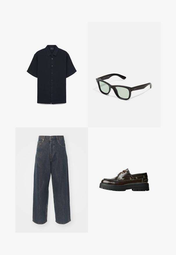 Kurzärmliges Hemd in Dunkelblau mit Kragen, Frontknöpfen und einer strukturierten Stoffqualität im entspannten Schnitt.; Weite dunkelblaue Jeans aus Denim mit subtilem Distressed-Effekt, fünf Taschen und einem klassischen Knopf- und Reißverschlussverschluss an der Taille.; Braune Lederbootsschuhe mit Gummisohle, die mit Nahtdetails, Metallösen und einer Schnürung ausgestattet sind. Robuste, leichtgewichtige Konstruktion.; Schwarze Plastiksonnenbrille mit grünen Gläsern. Quadratisches Rahmendesign mit silbernen Akzenten an den Scharnieren. Strukturierte Bügel.