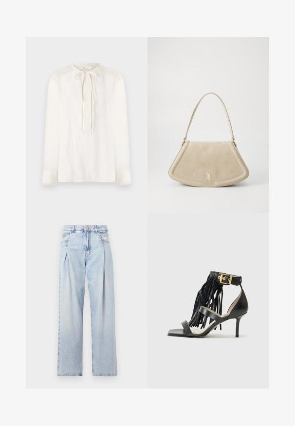 Chemisier blanc avec un col rond, un détail de nœud au cou et des manches longues. Présente des accents de franges texturés le long des épaules et des manches.; Jeans en denim bleu clair avec taille haute, coupe large, deux poches latérales et design plissé. Texture douce avec une finition décolorée.; Sandale noire à talons hauts avec des franges, bride de cheville avec quincaillerie dorée, bout carré plat et deux brides croisées sur l'empeigne.; Sac à main en suède beige avec une forme triangulaire arrondie, une bandoulière unique et un accent en métal doré à l'avant.