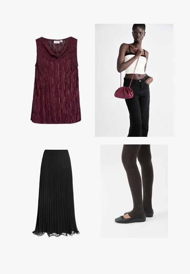 Burgundy sleeveless top with a draped neckline, featuring vertical pleats and a textured surface. Made of a shiny, lightweight fabric.; Black pleated maxi skirt made of lightweight fabric with a flowing design. Features a ruffled hem and elastic waistband for comfort.; Black flat shoes with a small bow detail at the toe, paired with dark brown ribbed tights. Shoes have a smooth texture and low profile.; Burgundy soft fabric handbag with a gathered design and a long strap, worn crossbody. Model wears a white crop top and black jeans.