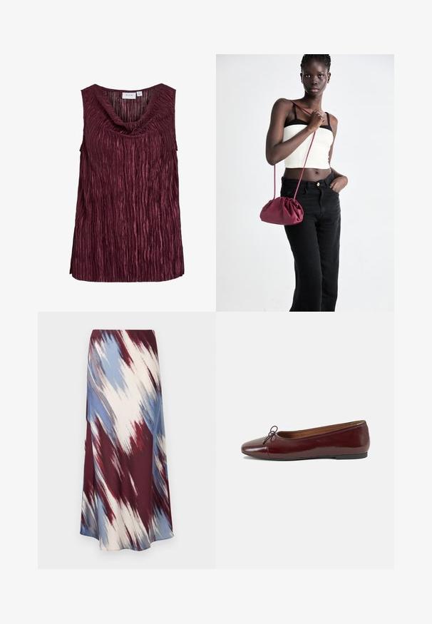 Burgundy ärmlös topp med draperad halsringning, med vertikala veck och en texturerad yta. Tillverkad av ett glänsande, lätt material.; Lång kjol med ett diagonalt tie-dye-mönster i burgundy, blått och krämfärgat, tillverkad av mjukt material med en flödande siluett och lätt glans.; Burgunderfärgad lackläderballettskor med rund tå, liten rosettdekoration fram och en låg, svart gummisula. Slät textur.; Burgundy mjukt tyg handväska med en samlad design och en lång rem, bärs över kroppen. Modellen bär en vit crop top och svarta jeans.