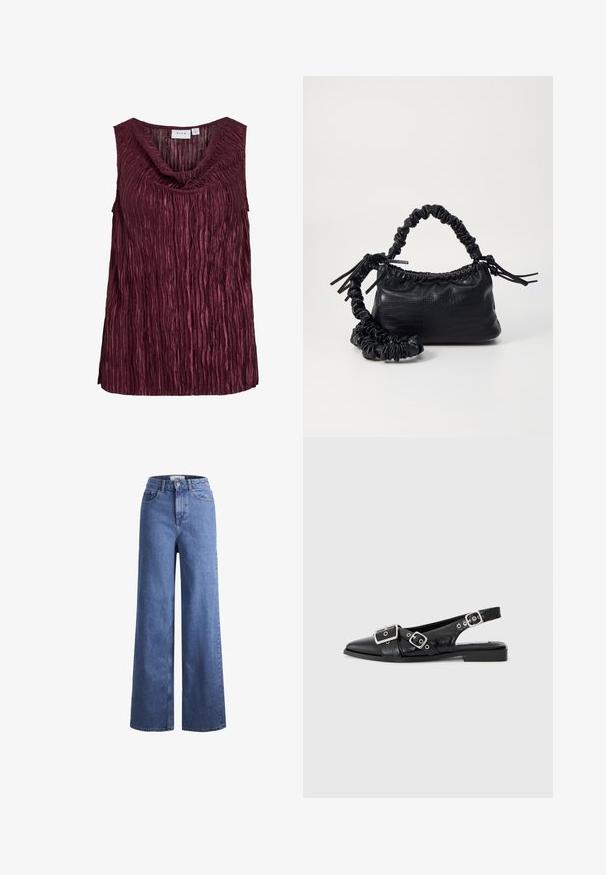 Top senza maniche borgogna con scollo drappeggiato, caratterizzato da pieghe verticali e una superficie testurizzata. Realizzato in un tessuto lucido e leggero.; Jeans ampia in denim azzurro chiaro con vita alta, due tasche anteriori e cuciture in vista. Presentano una chiusura con bottone e zip.; Scarpa slingback in pelle nera con punta appuntita, due fibbie argentate e tacco basso a blocco. Presenta una tomaia testurizzata e un retro aperto.; Borsa a tracolla in ecopelle nera con texture a coccodrillo, apertura cinchata e tracolla arricciata. Si presenta con un design morbido e compatto.