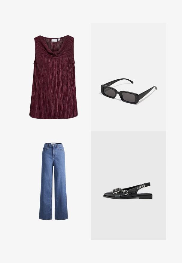 Bordeaux mouwloze top met een gedrapeerde halslijn, voorzien van verticale plooien en een textuur. Gemaakt van een glanzende, lichte stof.; Lichtblauwe denim wijde jeans met een hoge taille, twee voorzakken en zichtbare stiksels. Voorzien van een knoop- en ritssluiting.; Zwart leren slingback schoen met een spitse neus, twee zilveren gespen en een lage blokhak. Bevat een gemêleerde bovenkant en een open achterkant.; Zwarte rechthoekige zonnebril met donkere lenzen, glanzende afwerking, brede pootjes en een robuust frameontwerp. Gegraveerde merknaam op één van de pootjes.