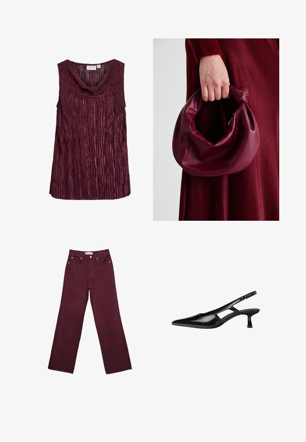 Burgundowa bezrękawnik z dekoltem w drapowaniu, z pionowymi fałdami i teksturowaną powierzchnią. Wykonana z błyszczącego, lekkiego materiału.; Bordowe jeansy z wysokim stanem i prostymi nogawkami, z przednimi kieszeniami, zapięciem na guzik oraz mosiężnymi akcentami.; Czarne lakierowane czółenka na odkrytej pięcie z wąskim noskiem, z wykrojem po bokach i małym kwadratowym obcasem. Gładka faktura z minimalnymi akcentami.; Bordowa skórzana torebka o miękkim, marszczonym wyglądzie i zaokrąglonym kształcie. Uchwyt jest zabezpieczony, co podkreśla gładką fakturę.