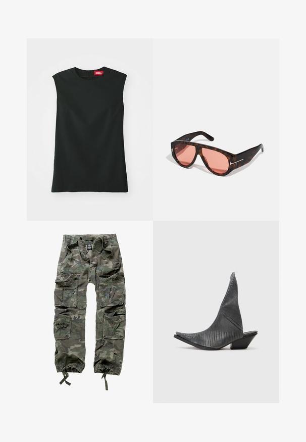 Top senza maniche nero con scollatura rotonda, tessuto liscio e zip sul retro. Presenta un piccolo etichetta rossa con il logo "032c" sul collo.; Pantaloni cargo mimetici in cotone, dotati di numerose tasche, polsini elasticizzati e una vestibilità ampia con vita regolabile tramite cordino.; Mule nere con tacco alto e punta affusolata, caratterizzate da una texture a motivo serpente. Presentano un tacco triangolare basso e un design superiore curvo e liscio.; Occhiali da sole tartarugati con lenti rosa, caratterizzati da un audace design angolare e sottili dettagli in metallo argentato sulla montatura.