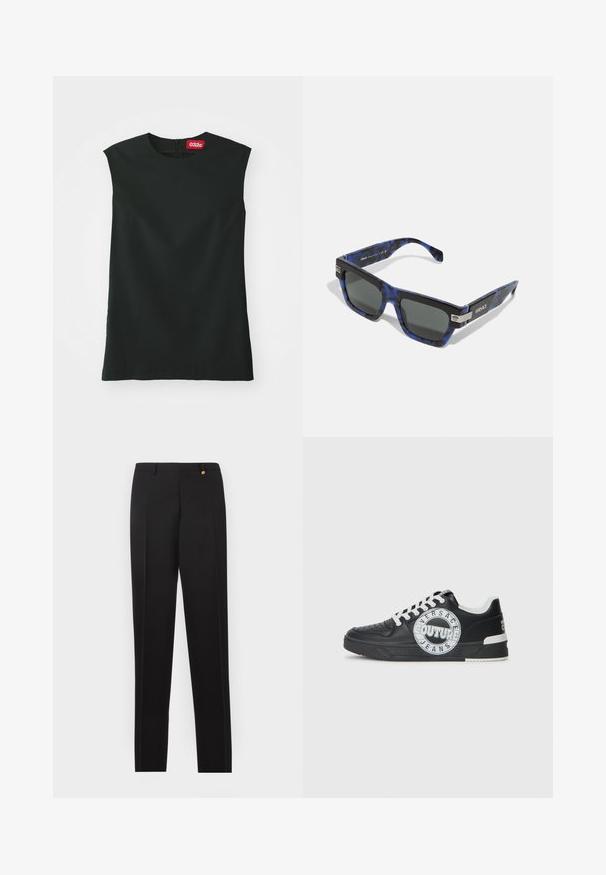 Black sleeveless top with a round neckline, smooth fabric, and a back zipper. Features a small red tag with "032c" logo at the neck.; Black tailored trousers with a slim fit, a smooth finish, single pleat, and a gold button accent on the front waistband.; Black leather sneakers with white accents, round logo detailing, perforated toe, and contrasting sole. Features white laces and branding.; Versace Sunglasses - havana blue/dark grey
