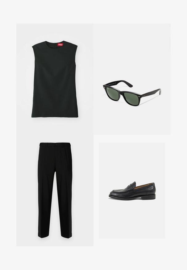 Černý bezrukávový top s kulatým výstřihem, hladkou tkaninou a zipem na zadní straně. Obsahuje malou červenou nálepku s logem "032c" na krku.; Černé kalhoty vyrobené z hladké tkaniny, s rovnými nohavicemi, dvěma předními kapsami a zapínáním na zip s knoflíkem.; Černé kožené mokasíny s hladkým povrchem, zaoblenou špičkou a dekorativním prošíváním na svršku. Nízký podpatka a mírný lesk.; Černé plastové sluneční brýle se zelenými skly, čtvercové obroučky, stříbrný detail na obočí a texturované stranice. Značka uvedená na vnitřní straně stranic.; Stříbrné kvartzové hodinky Casio s obdélníkovým ciferníkem, analogovým a digitálním zobrazením, nerezovým páskem a voděodolnými vlastnostmi.