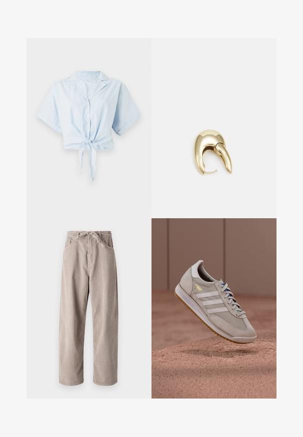 Light blue cropped shirt with vertical white stripes, short sleeves, collar, and a front tie closure. Made of a smooth, lightweight fabric.; Beige corduroy trousers with a loose fit, featuring a drawstring waist, two front pockets, and vertical ribbed texture.; Beige sneakers with suede and mesh upper, white three stripes, gum rubber sole, blue laces, and golden accent logo. Classic retro design.; Gold-tone metal earring with a sleek, curved design. Features a distinctive pointed shape, polished surface, and hinge closure.