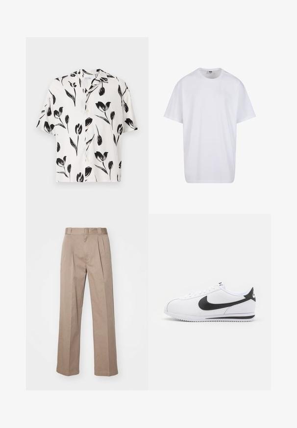 Rövid ujjú, galléros ing könnyű anyagból, fehér alapszínű, fekete virágmintával, elöl gombos záródással.; Fehér pamut póló rövid ujjal, kerek nyakú, laza szabású, és nincsenek látható logók vagy minták. Simább textúra és minimalista dizájn.; Beige, magas derekú, széles lábú nadrág. Két elülső redővel és sima textúrával rendelkezik. Normál hosszúságú, tiszta kivitelezéssel.; Fehér bőr sportcipők fekete Nike swoosh-szal, lapos fűzős rögzítéssel és texturált gumitalppal. Lekerekített orr és párnázott boka rész a kényelem érdekében.