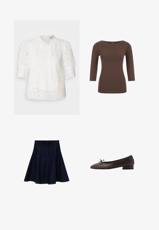 Blouse blanche en dentelle avec un col haut, des manches courtes bouffantes et des motifs floraux complexes agrémentés de dentelle à bords festonnés.; Top marron à manches longues avec un col rond, fabriqué dans un matériau doux. Présente un design ajusté et une texture lisse.; Jupe en denim en A de couleur bleu foncé avec des coutures contrastantes jaunes. Présente une taille ajustée avec un ourlet évasé, une texture lisse et sans embellissements.; Ballerines en cuir brun avec un bout rond et un petit talon carré. Présentent un fin nœud à l'avant et des détails de couture subtils.