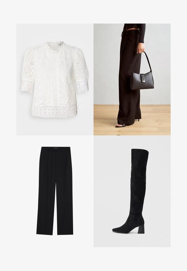Blusa bianca in pizzo caratterizzata da un collo alto, maniche corte a sbuffo e motivi floreali intricati con orlo in pizzo scallop.; Pantaloni neri con un design a gamba dritta, dotati di due tasche frontali e di una vita. Realizzati in un tessuto morbido e leggero.; Stivale in suede nero alto fino al ginocchio con tacco a blocco, punta affusolata e design liscio e senza cuciture su uno sfondo chiaro e semplice.; Borsa nera con forma strutturata, texture liscia e una chiusura metallica. Abbinata a pantaloni neri larghi e sandali open-toe su un pavimento in legno.