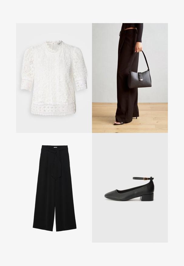 White lace blouse featuring a high neckline, puffed short sleeves, and intricate floral patterns with scalloped lace trim.; Black wide-leg pants featuring a textured fabric, an elastic waistband, and a detachable sash tie at the waist for adjustable fit.; Black leather pump with a pointed toe and a low block heel. Features an ankle strap with a gold-tone buckle. Smooth texture.; Black handbag with structured shape, smooth texture, and a metallic clasp. Paired with wide black pants and open-toe sandals on wooden floor.