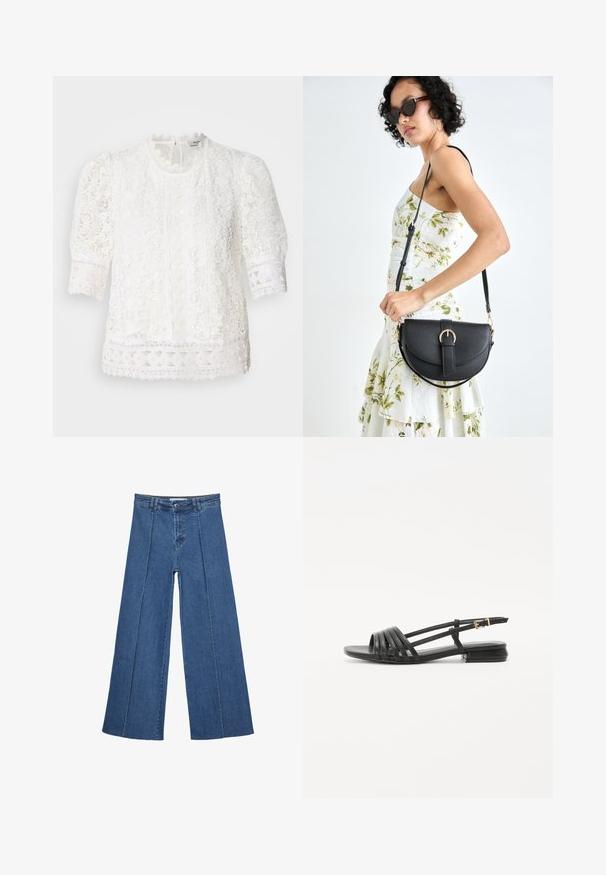 Weiße Spitzenbluse mit hohem Kragen, gepufften Kurzärmeln und filigranen Blumenmustern mit gewelltem Spitzenrand.; Weite Jeans aus Denim in Mittelblau, mit hoher Taille, Knopfverschluss und kontrastierenden vertikalen Nahtdetails an der Vorderseite.; Schwarze flache Sandalen mit einem Riemen-Design, das mehrere Lederstraps und eine schmale Schnalle am Knöchel umfasst. Die Sohle ist flach und rechteckig.; Schwarze Lederhandtasche mit geschwungener Form, abnehmbarem Tragegurt und goldenen Beschlägen. Die Tasche verfügt über einen Deckel mit einer Schnallen-Details.