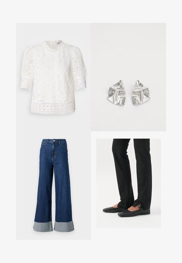 Biała koronkowa bluzka z wysokim dekoltem, bufiastymi krótkimi rękawami oraz skomplikowanymi wzorami kwiatowymi z falbanowym koronkowym wykończeniem.; Szerokie dżinsowe spodnie w ciemnoniebieskim odcieniu z kontrastującymi jasnoniebieskimi mankietami oraz klasycznym pięciopocketowym krojem.; Czarne skórzane baletki z ostro zakończonym noskiem, paskiem z srebrną klamrą, w połączeniu z czarnymi spodniami o dopasowanym kroju z rozcięciem u dołu.; Srebrne metalowe kolczyki o falistym, rzeźbiarskim wzorze z polerowanym wykończeniem i nieregularnymi kształtami, podkreślające nowoczesny estetykę.