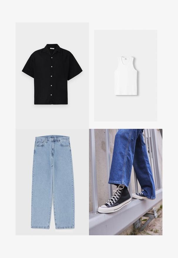 Kratka črna majica s kratkimi rokavi iz bombaža z gumbi na sprednji strani, zloženim ovratnikom in belimi gumbi. Preprost, čist dizajn brez vzorcev.; Bela bombažna majica brez rokavov z okroglo izrezom, širokimi naramnicami in ravnim robom, ki se ponaša z gladko teksturo in brez vidnih vzorcev.; Svijetloplave traperice s ravnim nogavicama, srednjeg struka, pet džepova te zatvaranjem na gumb i munju.; Črne visoke teniske z belim podplatom in vezalkami, v kombinaciji z ohlapnimi modrimi džinsom, naslonjene na sivo ograjo.