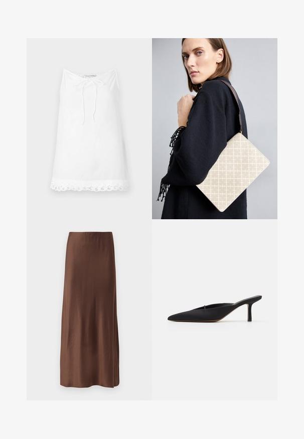 White sleeveless top with a drawstring neckline and lace trim at the hem. Made of lightweight fabric, featuring a relaxed, loose fit.; Brown satin midi skirt with a smooth texture, featuring a straight cut and no visible patterns or embellishments. Simple and elegant design.; Black pointed-toe mule with a sleek design, made of smooth fabric, featuring a slender heel and open back for easy wear.; Beige patterned shoulder bag with a structured shape, featuring a brown textured strap. Worn on a model against a gray background.