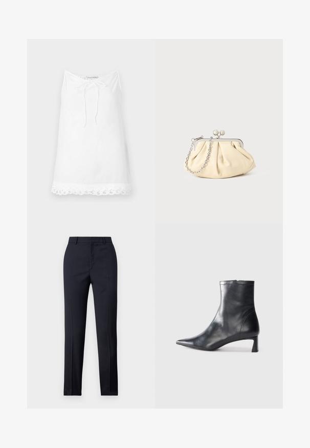 Top bianco senza maniche con scollatura regolabile e bordo in pizzo. Realizzato in tessuto leggero, presenta una vestibilità rilassata e ampia.; Pantaloni tailored blu navy a gamba dritta, caratterizzati da una texture liscia, due tasche frontali e una vita pulita.; Stivaletto in pelle nera con punta affusolata e design elegante. Presenta un tacco basso e una chiusura con zip sul retro. Texture liscia.; Clutch in pelle beige plissettata con una struttura in metallo argento, dotata di due chiusure decorative rotonde e una tracolla in catena argentata.