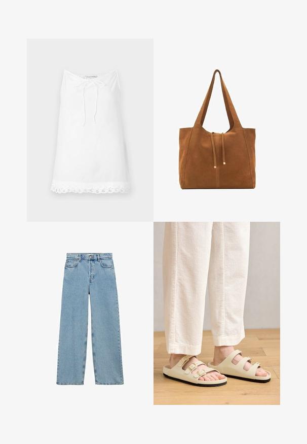 Top alb fără mâneci, cu un guler cu șnur și dantelă la tiv. Confecționat dintr-un material ușor, având o croială relaxată și lejeră.; Mango Blugi loose fit - blue; Sandale bej deschis cu trei bretele ajustabile și catarame metalice, talpă interioară căptușită și talpă din cauciuc negru.; Geantă tote din suede maro cu două mânere lungi, închidere prin șnur și un design minimalistic. Textură netedă și fără accente vizibile de hardură.