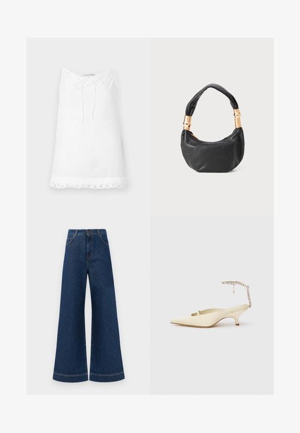 White sleeveless top with a drawstring neckline and lace trim at the hem. Made of lightweight fabric, featuring a relaxed, loose fit.; Wide-leg blue denim jeans with a high waist, featuring a button closure, belt loops, and subtle stitching details along the pockets and hems.; Cream pointed-toe slingback heel with thin front strap and jeweled ankle strap on white background.; Black leather handbag with a round shape, soft texture, and a knotted handle featuring gold-tone hardware accents. Zipper closure.