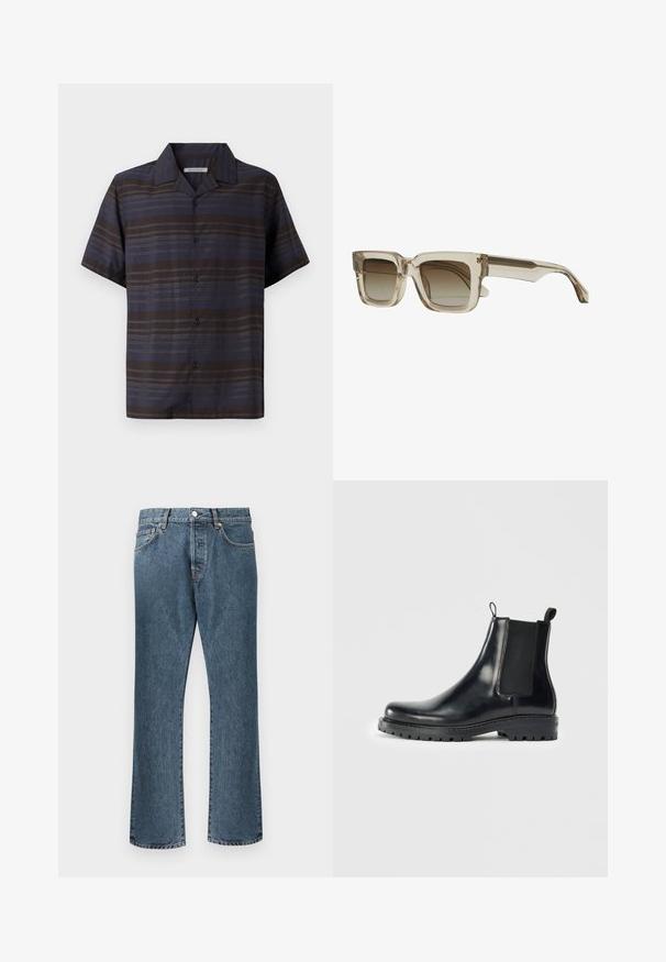 Sötétkék és barna, függőleges csíkozású, rövid ujjú ing, gombos elülső résszel, hegyes gallérral és sima szövettextúrával.; Kék farmernadrág egyenes lábbal, klasszikus gombos és cipzáras záródással, öt zsebbel és enyhe kopással.; Fekete bőr Chelsea csizmák, elasztikus oldalsó panelekkel, hurokkal a könnyű felhúzáshoz, valamint masszív gumitalppal, amely textúrázott tapadást biztosít.; Négyzet alakú napszemüveg, világos bézs kerettel és átmeneti barna lencsékkel. A szárak karcsúak, finom dizájn részletekkel.
