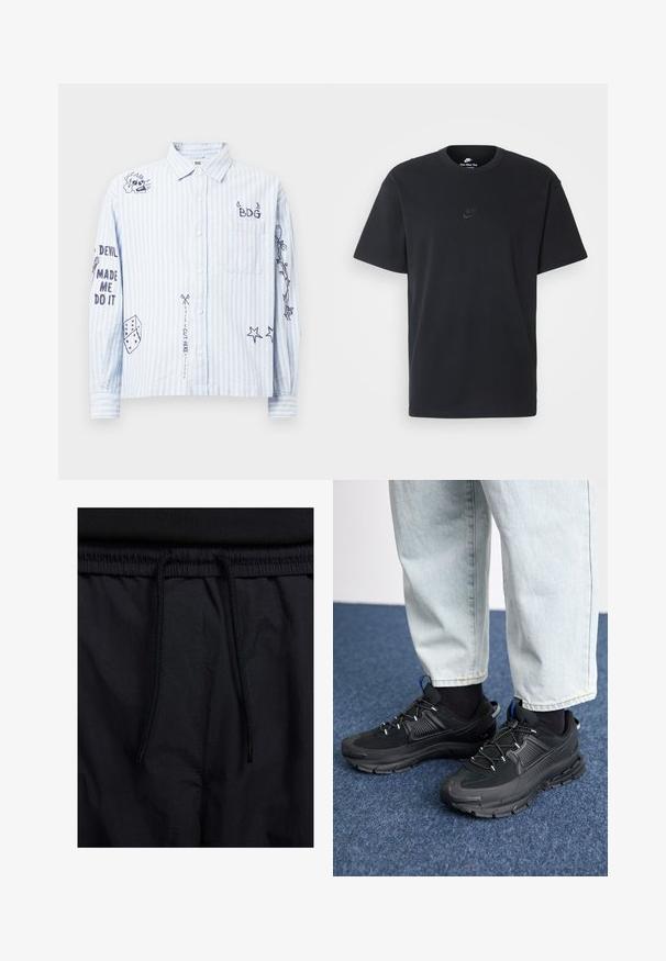 Camisa azul e branca com riscas, de botões e com desenhos bordados, incluindo texto e motivos, com um corte descontraído e mangas compridas.; T-shirt de algodão preto da Nike com um clássico decote redondo, mangas curtas e um logótipo em relevo discreto no peito. Textura suave.; Calções pretos com um cós elástico ajustável, fabricados em tecido leve com uma textura suave e um design simples, sem logótipos ou padrões visíveis.; Sapatilhas desportivas pretas com tecido texturizado e solas em borracha, apresentando atacadores elásticos e um detalhe azul no calcanhar. Usadas com calças de ganga claras.