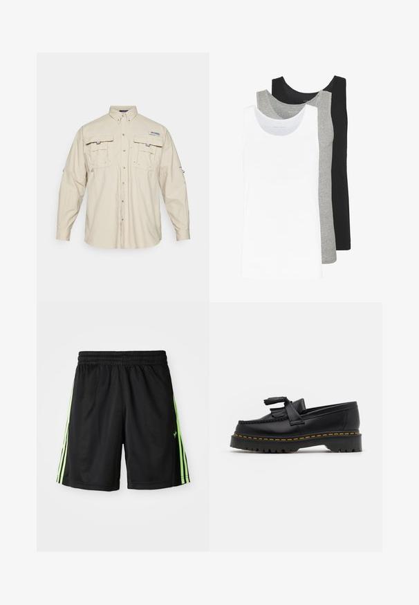 Columbia BAHAMA™ SHIRT - Krekls - fossil; Trīs bezmaku blūzes baltā, pelēkā un melnā krāsā. Katrai no tām ir klasiska bezmaku dizaina forma, izgatavota no viegla kokvilnas auduma ar ribotu tekstūru.; Melnas sporta bikses ar elastīgu jostu, kurām katrā pusē ir divas vertikālas neona zaļas svītras un neliels logo kreisajā priekšpusē.; Melnas ādas mokasīni ar pērlītēm uzsvaru, ar masīvu melnu zoli un dzeltenu šuvumu gar malu. Ar teksturētu apdari.