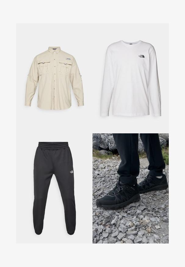 Columbia BAHAMA™ SHIRT - Košile - fossil; Bílý dlouhý rukáv tričko vyrobené z bavlny s kulatým výstřihem. Na hrudi se nachází malé černé logo. Hladká textura, běžný střih.; Černé tepláky s nastavitelným pasem, zúženým střihem, elastickými manžetami a malým bílým logem na levém stehně, vyrobené z hladké tkaniny.; Černé venkovní boty z prodyšného a syntetického materiálu, s texturovaným svrškem, bezpečným šněrovacím systémem a robustní podrážkou, na skalnatém terénu.