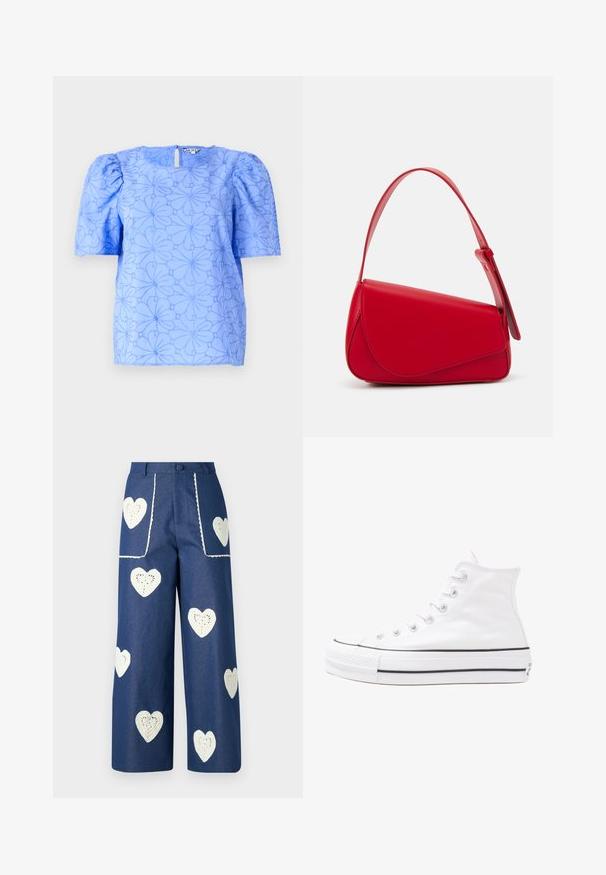 Lichtblauwe blouse met opgestoken mouwen, gestructureerd bloemmotief en een vierkante halslijn; heeft een sleutelgat uitsparing aan de achterkant.; Sister Jane HEART TO HEART - Straight leg jeans - blue denim; Witte high-top canvas sneakers met een zwarte rubberen zool, een rubberen neuskap aan de voorkant en zes gaatjes voor veters, met een schone, minimalistische uitstraling.; Rode leren handtas met een hoekig, geometrisch ontwerp. Beschikt over een enkele verstelbare schouderriem en een klepclosure met gestikte details.