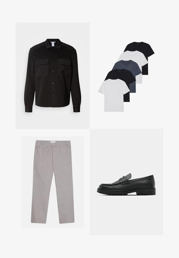 Black shirt jacket made of a smooth, lightweight fabric. Features two chest pockets, button closures, and pointed collar. Long sleeves with cuffs.; Set of five t-shirts in black, white, and navy blue. Cotton fabric, short sleeves, crew neck design, and plain texture with no patterns.; Light gray cotton pants with an elastic waistband, two side pockets, straight leg design, and a smooth texture. Simple stitching detail.; Black leather loafers with a rounded toe, featuring a stitched design, low platform sole, and a textured, lugged rubber outsole.