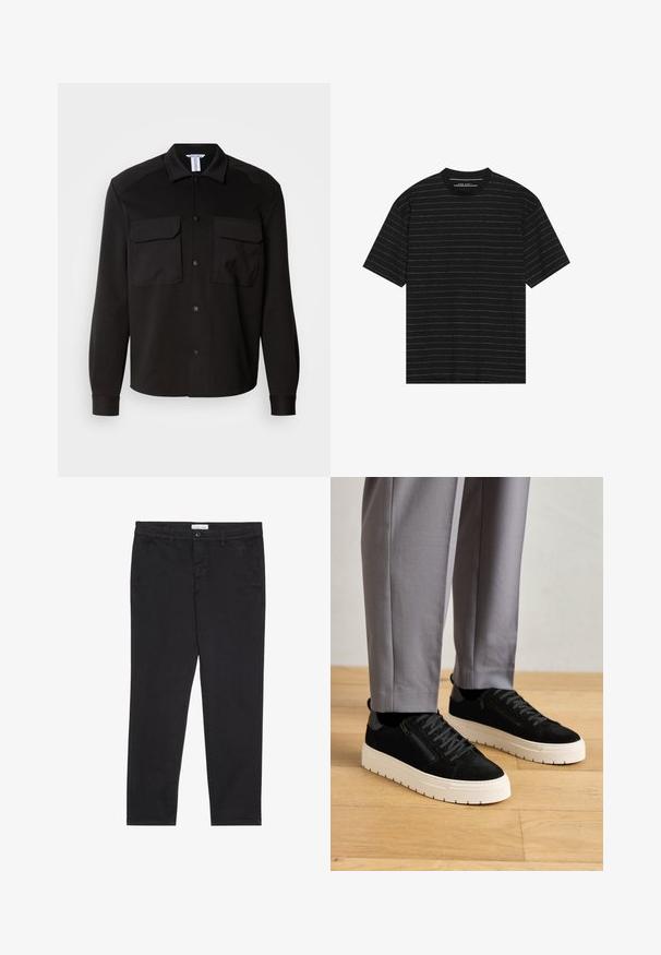 Fekete ingkabát, sima, könnyű anyagból készült. Két mellzsebe van, gombos záródással és hegyes gallérral rendelkezik. Hosszú ujjak, mandzsettával.; Fekete, rövid ujjú póló, vékony fehér vízszintes csíkokkal. Puha anyagból készült, kerek nyakkivágással és laza fazonnal.; Fekete pamut nadrág, slim fit fazonban, két oldalsó zsebbel és elülső gombos zárással. Textúrált anyag finom részletekkel.; Fekete velúr sportcipők texturált felülettel, fehér gumitalppal és díszes oldalsó cipzárral, szürke nadrággal viselve.