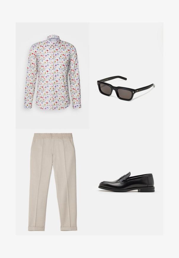 Paul Smith SLIM FIT SHIRT - Vapaa-ajan kauluspaita - white; Valkoinen lyhythihainen t-paita puuvillakankaasta, jossa on pyöreä pääntie. Yksinkertainen muotoilu ilman kuvioita tai korostuksia. Tasainen rakenne.; Filippa K TERRY CROPPED TROUSERS - Housut - sage melange; Mustat nahkakengät, joissa on sileä pinta, pyöreä kärki ja koristeellinen nauha jalkapöydän yli. Matala pinoitu koroke, minimalistinen muotoilu.; Mustat suorakulmaiset aurinkolasit tummilla linsseillä, paksu muovikehys, kultaiset korostukset temppeleissä ja brändin logo kaiverrettuna varteen.
