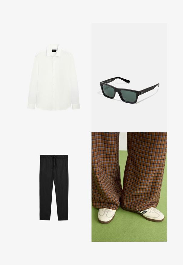 Hvid langærmet skjorte med klassisk krave, knaplukning og tætsiddende manchetter. Glat stof med en subtil glans. Etiket synlig ved halsen.; Massimo Dutti JOGGER FIT - Bukser - black; Brune og blå ternede brede benbukser parret med hvide sko med sorte accenter og strukturerede såler, sat mod en grøn baggrund.; Sorte rektangulære solbriller med grønne linser, der har en mat overflade, lige stænger og Ray-Ban-logoet på siden.