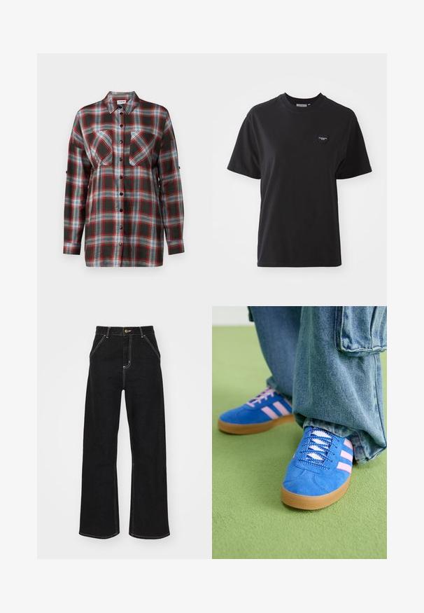 Košile s dlouhými rukávy v kostkovaném designu, ve tmavě zelené, červené, modré a bílé barevné kombinaci, se dvěma náprsními kapsami a zapínáním na knoflíky vpředu.; Černé bavlněné tričko s kulatým výstřihem, krátkými rukávy a malým srdíčkovým logem v levém horním rohu. Hladká textura, uvolněný střih.; Černé široké džínsy vyrobené z denimu, s kontrastním bílým prošitím a předním zapínáním na knoflík, se dvěma šikmými předními kapsami.; Modré semišové boty s růžovými pruhy a bílými tkaničkami, vybavené gumovou podrážkou, spárované s volnými džínovými kalhotami na zeleném povrchu.