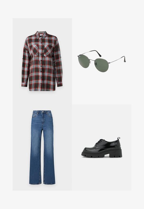 Srajca s dolgimi rokavi v karo vzoru, ki vključuje temno zeleno, rdečo, modro in belo barvno shemo. Ima dve žepni prostori na prsih in zapiranje z gumbi spredaj.; Modre kavbojke z visokim pasom in širokimi hlačnicami, izdelane iz denima, z značilnim pet-pocket dizajnom in subtilnim bledenjem ob hlačnicah.; Črne lakaste usnjene čevlje z debelim platformnim podplatom in debelimi vezalkami. Okrogla špička, minimalno okrasje in majhen jeziček na hrbtu.; Sončna očala z ovalnimi zelenimi lečami v kovinskem okvirju. Tanjši srebrni kovinski okvir in črne ušesne konice. Minimalistična zasnova, brez vidnih logotipov.