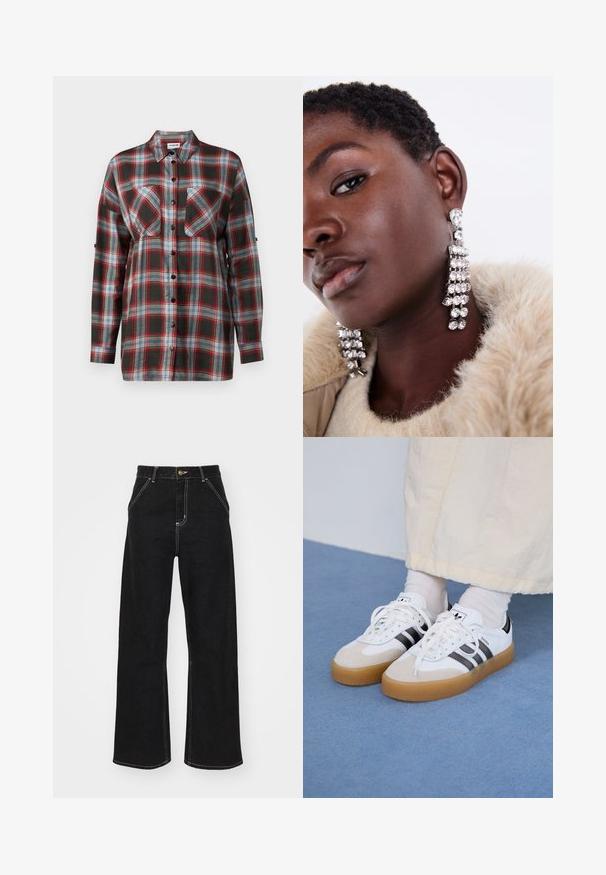 Srajca s dolgimi rokavi v karo vzoru, ki vključuje temno zeleno, rdečo, modro in belo barvno shemo. Ima dve žepni prostori na prsih in zapiranje z gumbi spredaj.; Črne široke kavbojke iz denima, ki imajo kontrastne bele šive in sprednje gumbno zapiranje, ter dve nagnjeni sprednji žepi.; Bele tene škornje s črnimi črtami in bež usnjenimi detajli. Imajo teksturirano gumijasto podplat in ravne bele vezalke, nosijo se z svetlimi nogavicami.; Srebrne uhane z obeski, okrašeni z večimi prozornimi kamni, z obliko, ki pada dol in teksturirano površino, postavljeni na nevtralno ozadje.