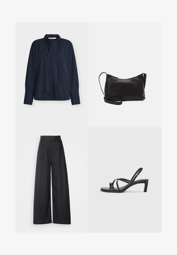 Temno modra bluza z rebrastim teksturiranim vzorcem, zložljivim ovratnikom z vrvico in dolgimi rokavi z manšetami na gumbe.; Temno široke hlače z oblikovanim pasom in pliseji. Narejene so iz lahkega materiala, s gladko teksturo in brez vidnih vzorcev.; Črne natikače s trakovi in kvadratnim prstom ter nizkim blokastim peto. Imajo več tankih trakov in nastavljiv trak okoli gležnja. Narejene so iz gladkega usnja.; Črna usnjena torba čez ramo z gladko teksturo, ukrivljeno obliko, nastavljivim trakom in zadrgo. Minimalističen dizajn brez okrasnih detajlov.