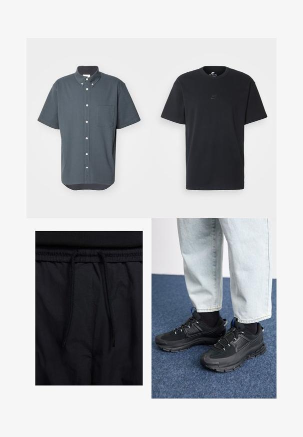 Camisa de botão de mangas curtas em tecido texturizado tipo waffle cinza-escuro, com um bolso no peito e botões brancos. Base arredondada na parte inferior.; T-shirt de algodão preto da Nike com um clássico decote redondo, mangas curtas e um logótipo em relevo discreto no peito. Textura suave.; Calções pretos com um cós elástico ajustável, fabricados em tecido leve com uma textura suave e um design simples, sem logótipos ou padrões visíveis.; Sapatilhas desportivas pretas com tecido texturizado e solas em borracha, apresentando atacadores elásticos e um detalhe azul no calcanhar. Usadas com calças de ganga claras.