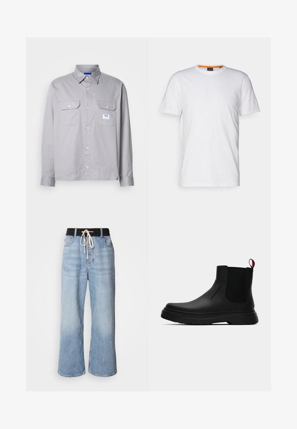 Grå langermet skjorte laget av bomull, med krage med knapper, to brystlommer og en liten merkeetikett på venstre lomme.; Hvit t-skjorte av bomull med rund hals, korte ermer og en subtil preget logo på brystet. Innvendig etikett har en oransje aksent.; Lyseblå vide jeans med svart elastisk midje, som har snøring og klassisk fem-lommers design.; Sorte ankelstøvler med en glat overflade, elastiske sidepaneler og en kontrastfyldt rød trækflik, med en tykk gummisål og rund tå.